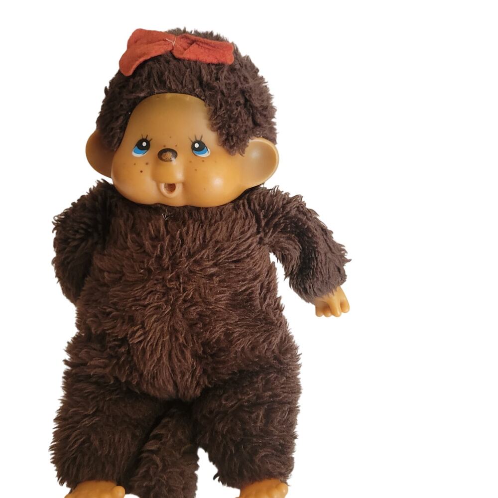 Vintage Sekiguchi Monchhichi plush toy monkey blue eyes and red bow